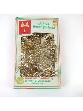 Vintage Christmas Gold Tinsel Garland 50 Ft x 3" Wide Mystic MCM Original Box